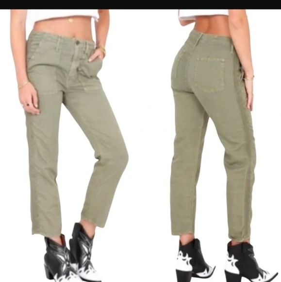 MOTHER The Shaker Chop Crop Army Green Distressed